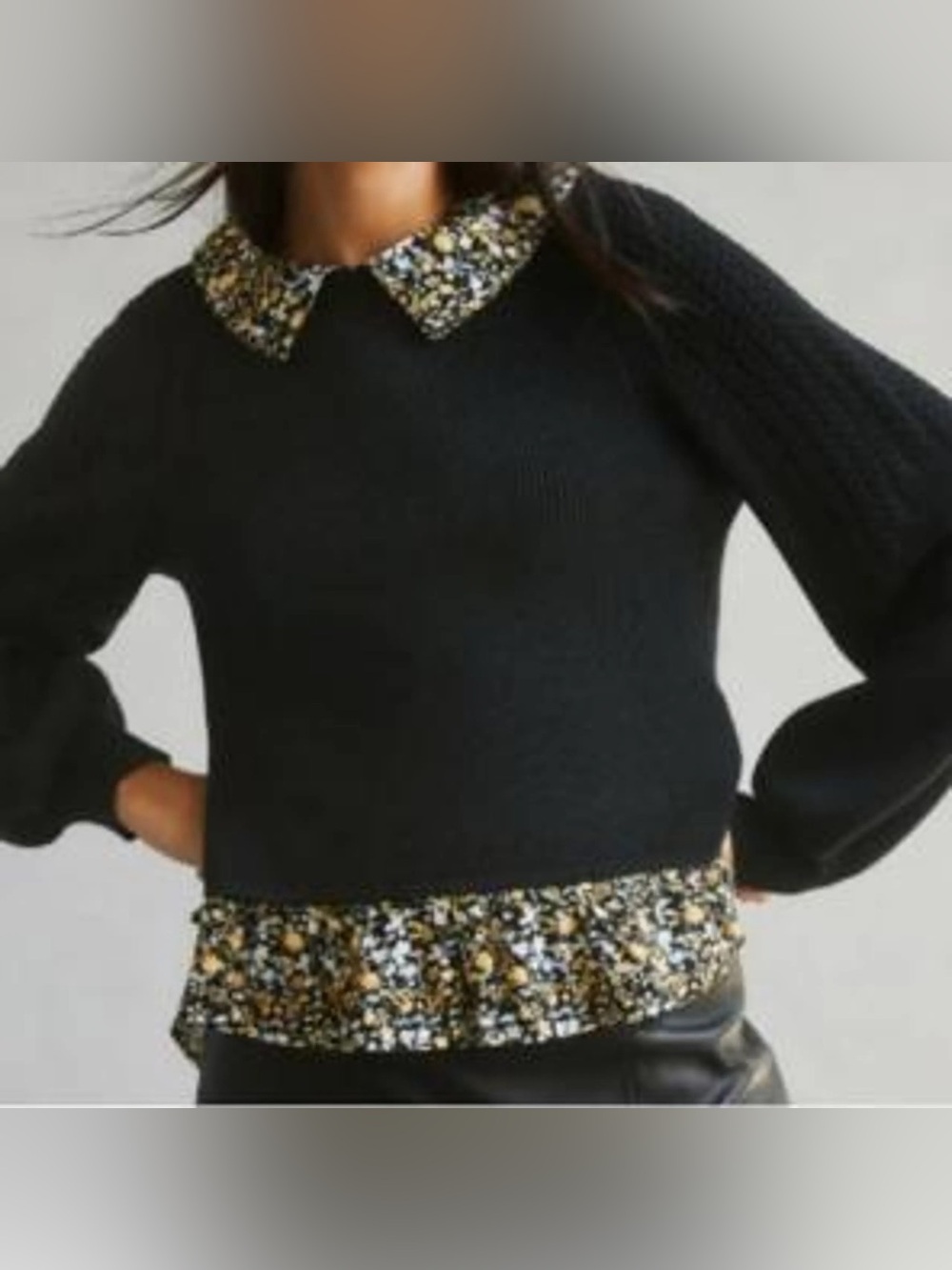 Anthropologie Black Sweater with Floral Collar and Hem Trim 1114 - Picture 1 of 6